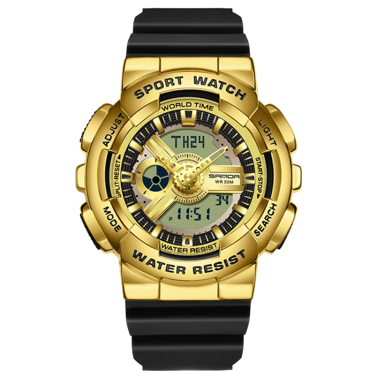 Gold-tone dual display sport watch with black silicone strap, waterproof design