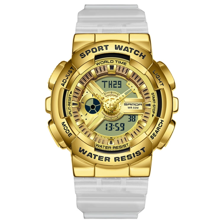 Gold-tone dual display sport watch with clear TPU strap, waterproof design