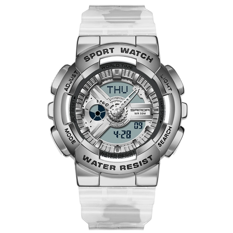 Silver-tone dual display sport watch with clear TPU strap, waterproof design