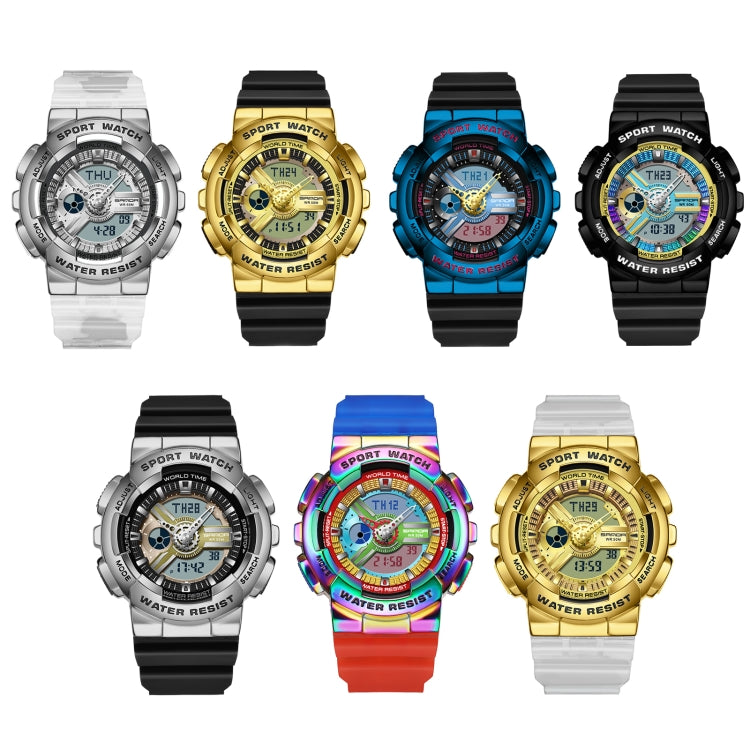 Assorted dual display sport watches in multiple strap colors, waterproof design