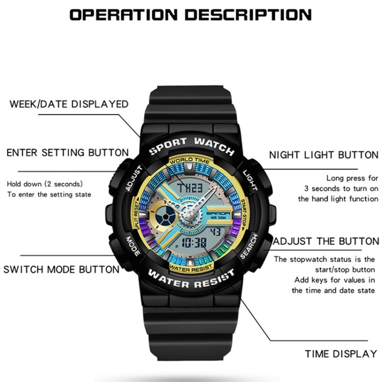 Black dual display sport watch with side buttons and crown, waterproof design