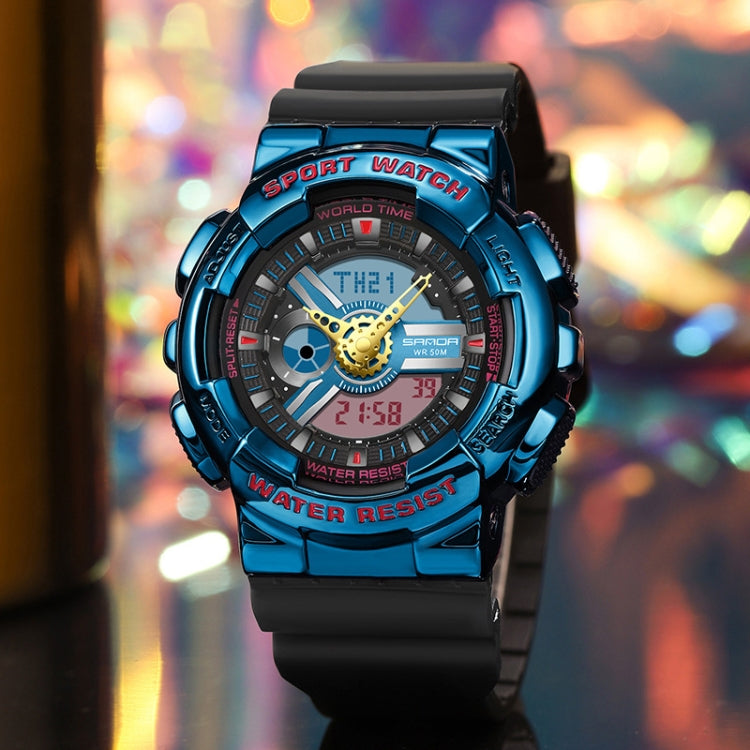 Blue dual display sport watch with black bezel accents, waterproof design