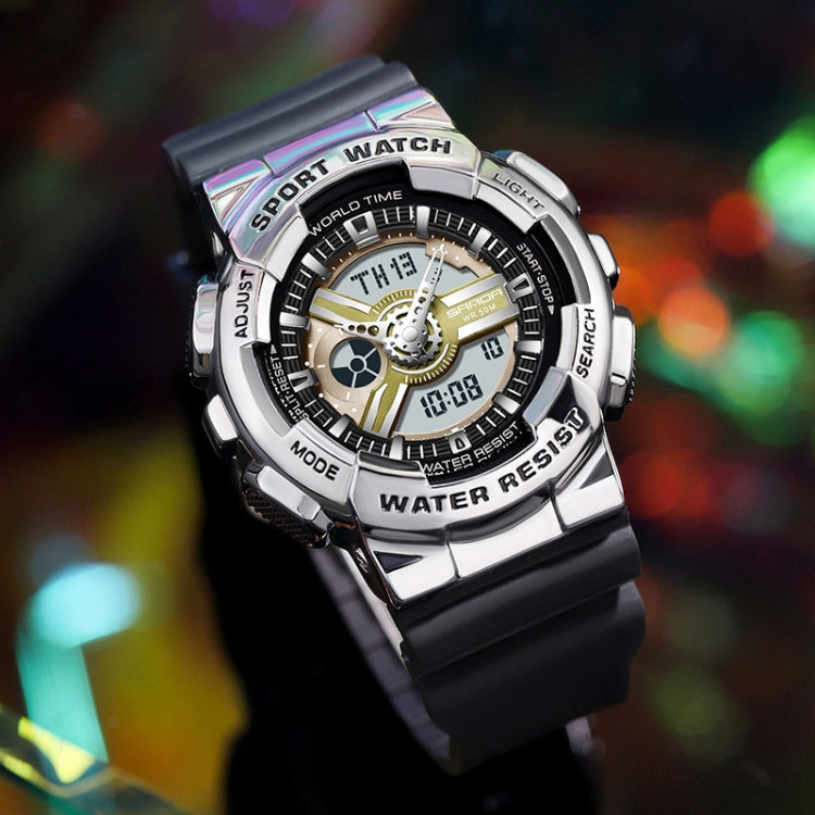 White dual display sport watch with black strap, chrome bezel, waterproof design