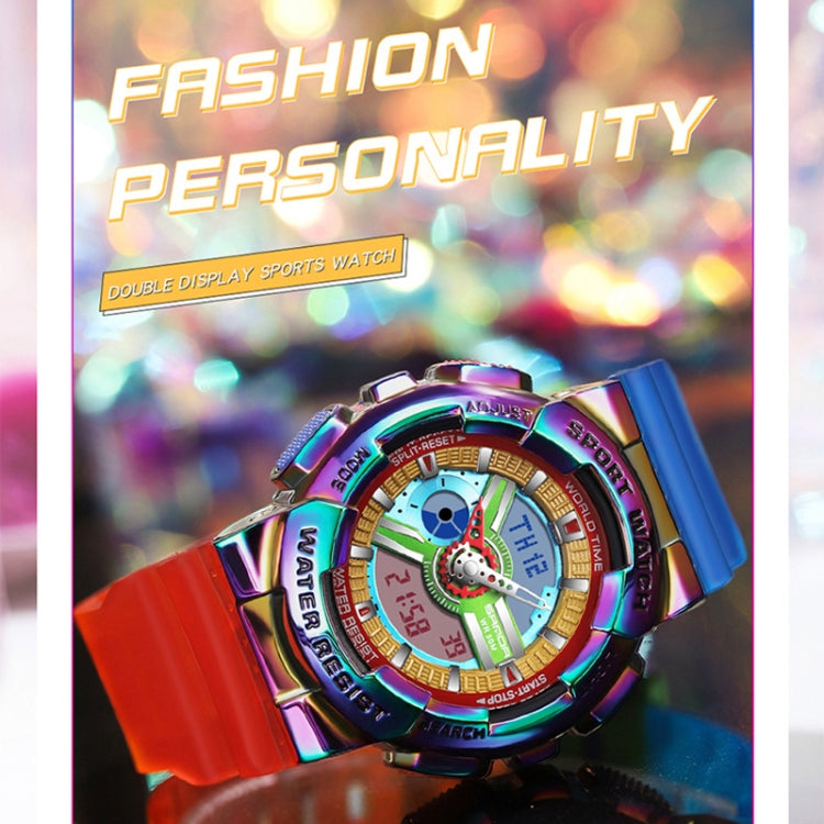 Rainbow bezel dual display sport watch with red and blue strap, waterproof design