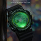 Black dual display sport watch with green backlit display, waterproof design