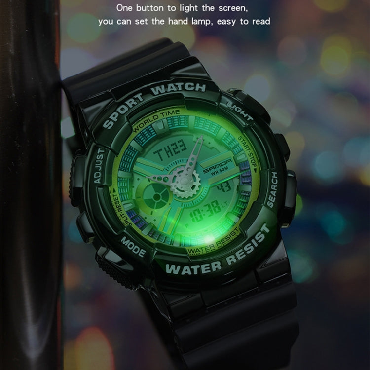 Black dual display sport watch with green backlit display, waterproof design