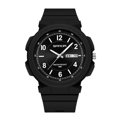 Black waterproof electronic watch with dual calendar, silicone strap, water resist 50 m.