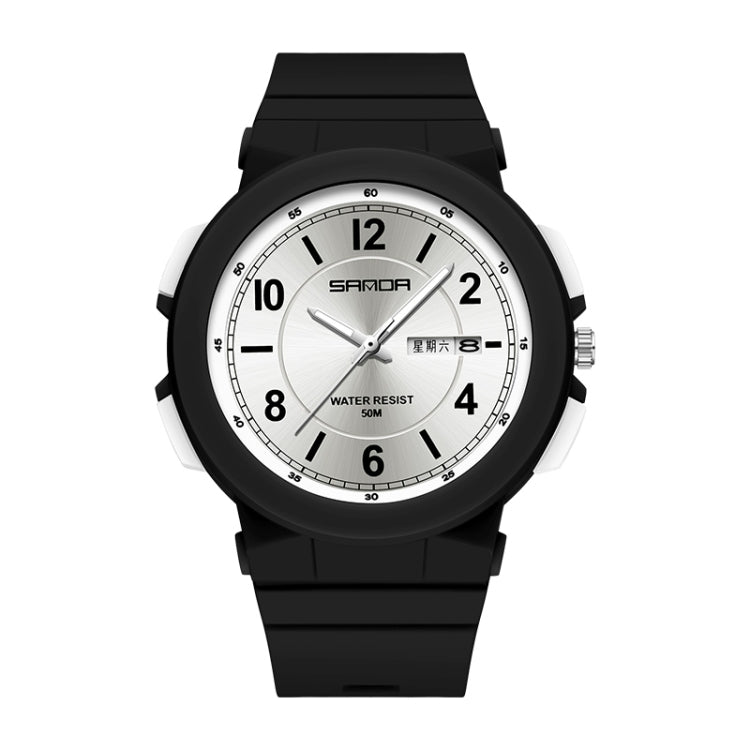 Black-and-white waterproof electronic watch with dual calendar, silicone strap, 50 m water resist.