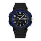 Black waterproof electronic watch with blue accents, dual calendar, silicone strap, 50 m water resist.