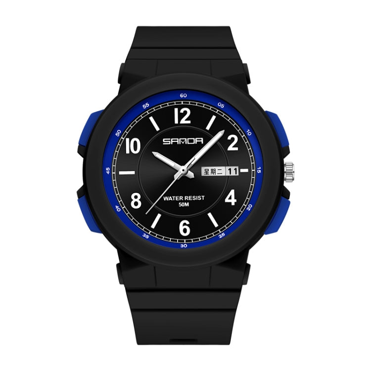 Black waterproof electronic watch with blue accents, dual calendar, silicone strap, 50 m water resist.