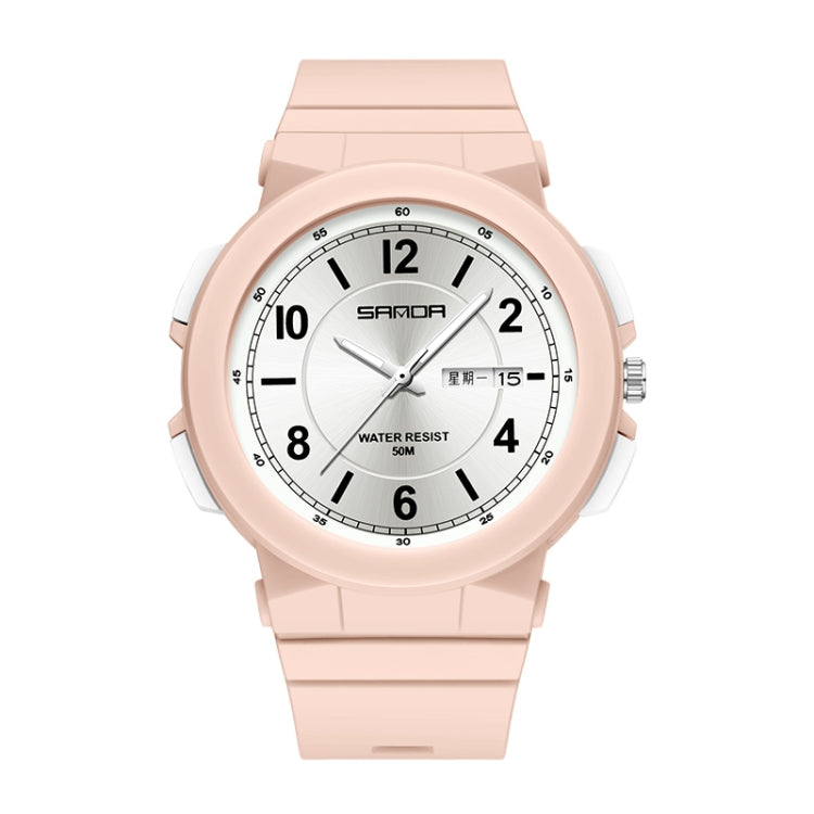 Cherry pink waterproof electronic watch with dual calendar, silicone strap, 50 m water resist.