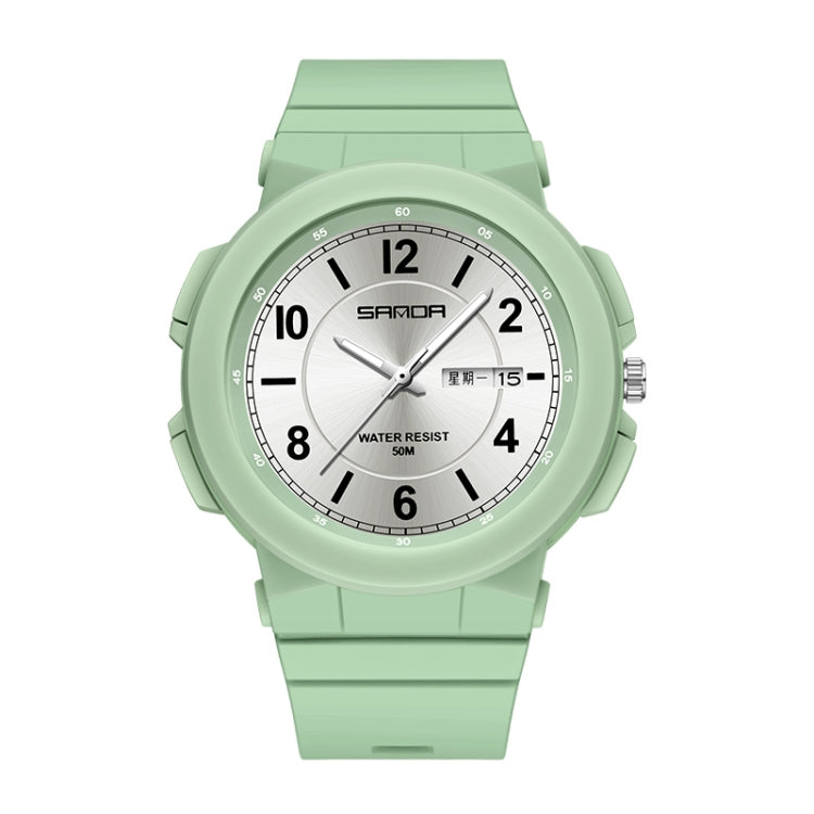 Matcha green waterproof electronic watch with dual calendar, silicone strap, 50 m water resist.