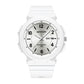 White waterproof electronic watch with dual calendar, silicone strap, 50 m water resist.
