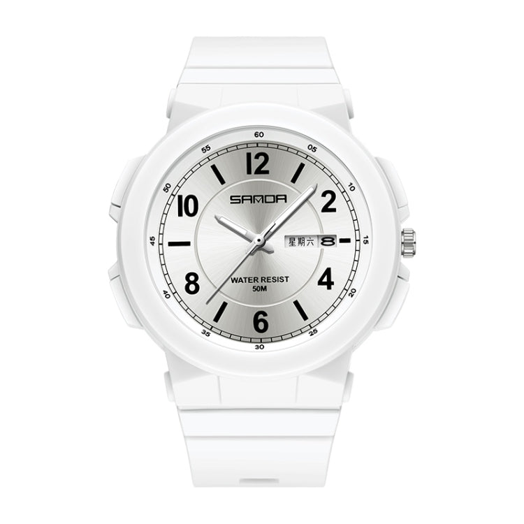 White waterproof electronic watch with dual calendar, silicone strap, 50 m water resist.