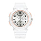 White waterproof electronic watch with light pink accents, dual calendar, 50 m water resist.