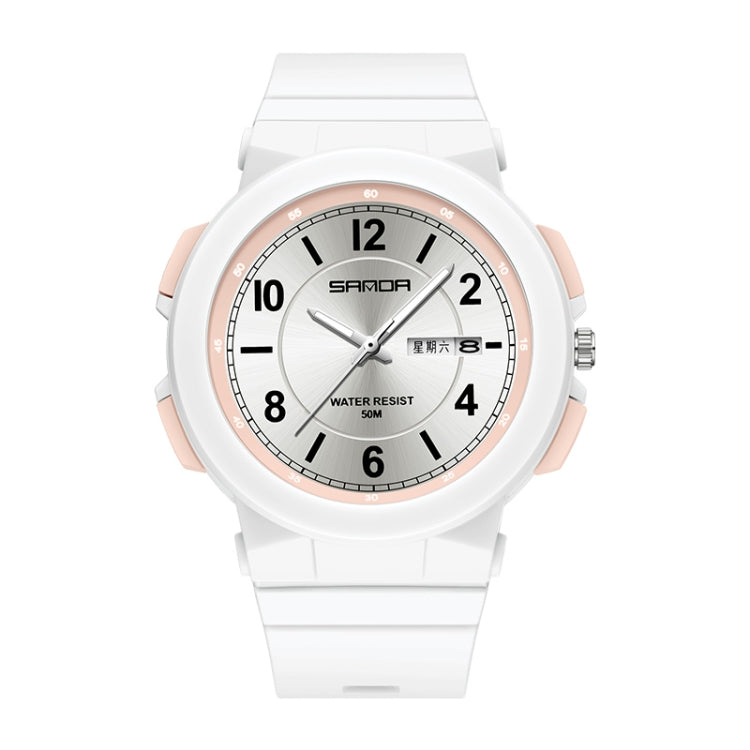 White waterproof electronic watch with light pink accents, dual calendar, 50 m water resist.