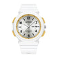 White waterproof electronic watch with yellow accents, dual calendar, silicone strap, 50 m water resist.
