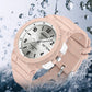 Pink waterproof electronic watch close-up with dual calendar, silicone strap, 50 m water resist.