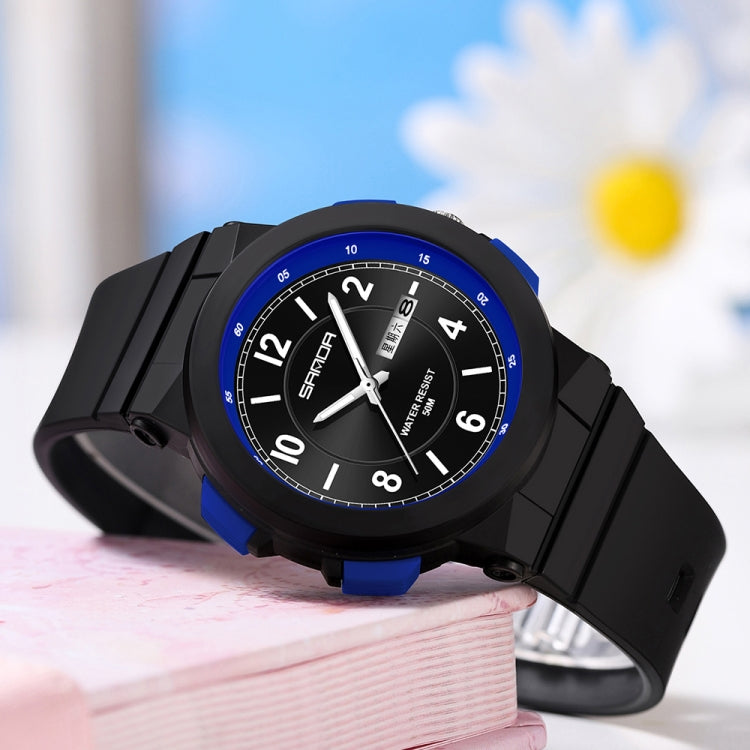 Black waterproof electronic watch, blue bezel dual-calendar face, TPU strap
