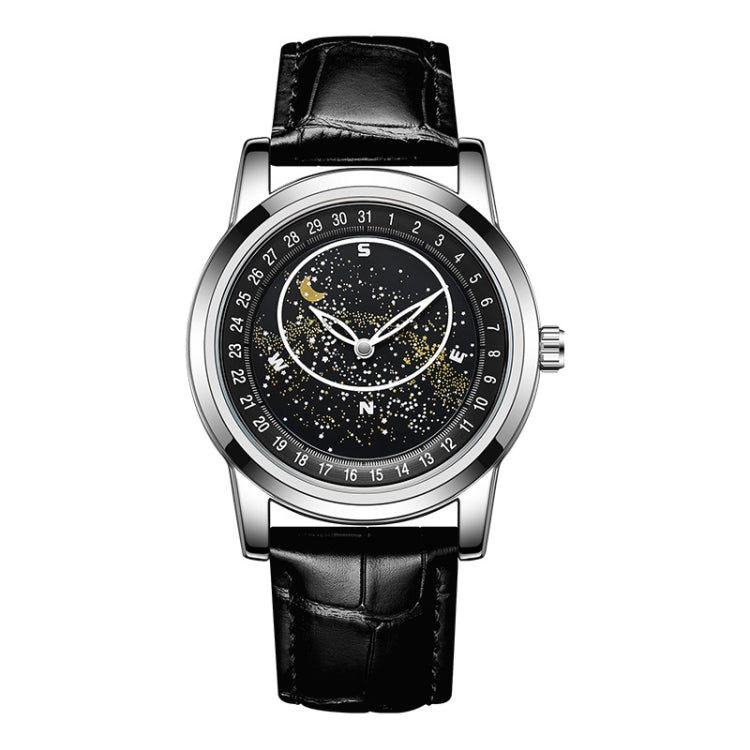 Black leather-strap mechanical watch with luminous starry dial and silver case.