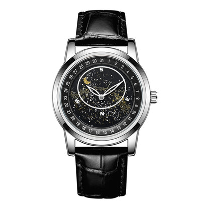 Black leather-strap mechanical watch with luminous starry dial and silver case.