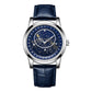 Blue leather-strap mechanical watch with luminous starry dial and silver case.