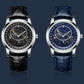 Two-tone view of luminous leather-strap mechanical watches: black and blue straps.