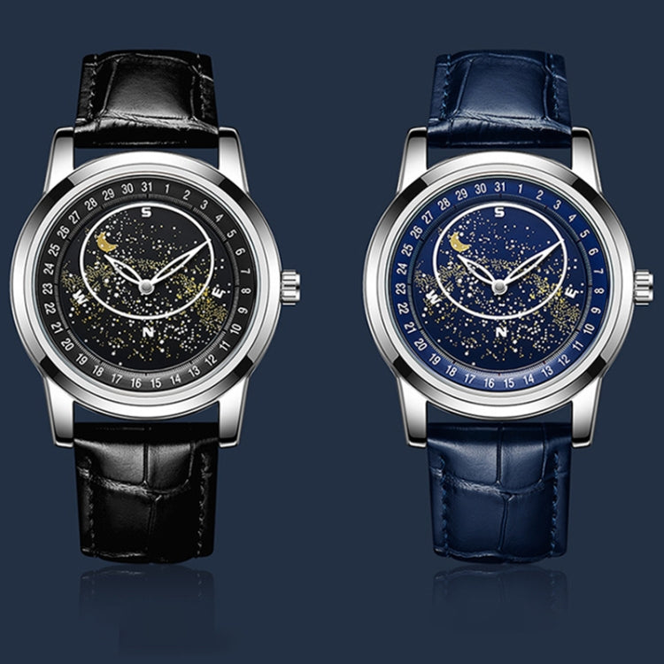 Two-tone view of luminous leather-strap mechanical watches: black and blue straps.