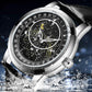 Stainless-steel mechanical watch with black luminous dial and black leather strap.