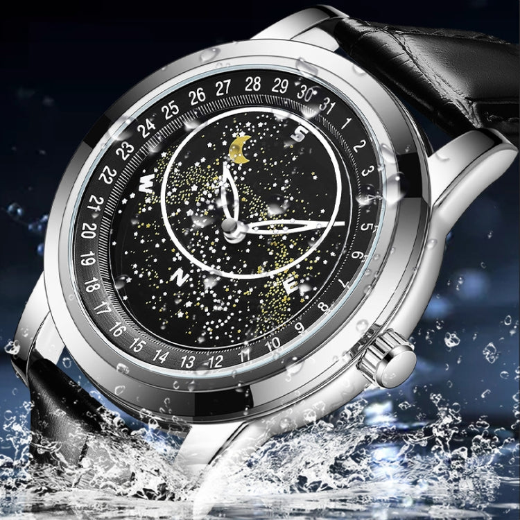 Stainless-steel mechanical watch with black luminous dial and black leather strap.