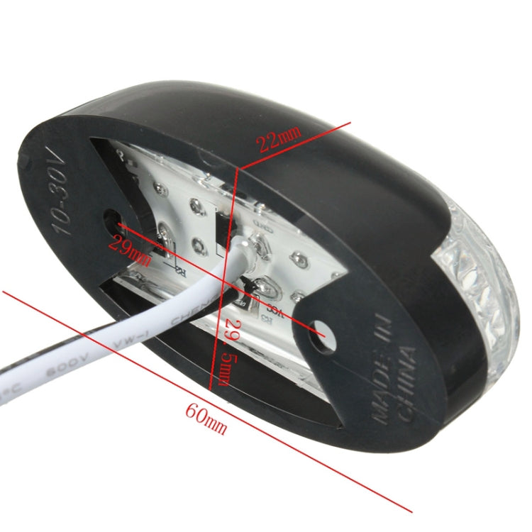 Oval LED side marker light with black back housing, mounting screw holes, and wiring.