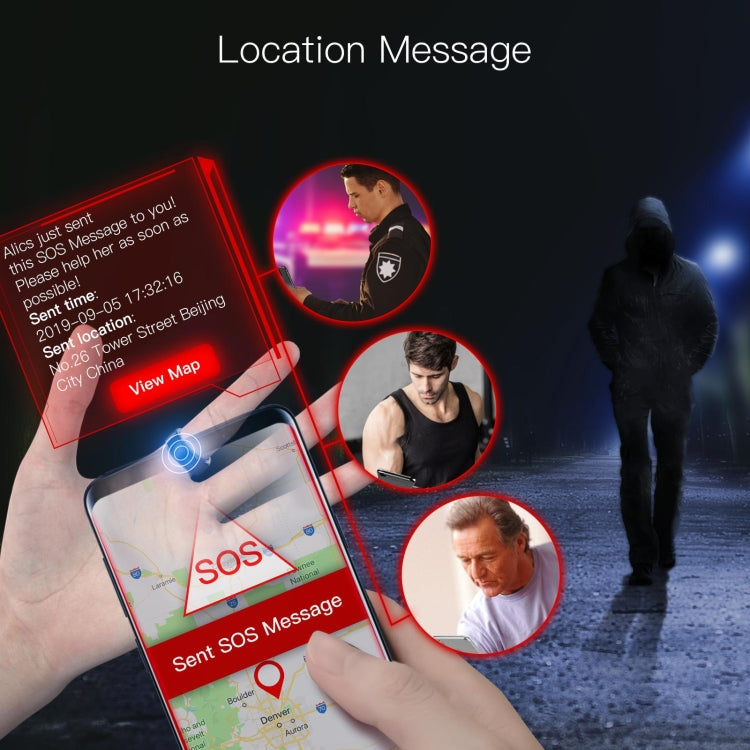 Hand wearing a smart ring with SOS and location message on a smartphone