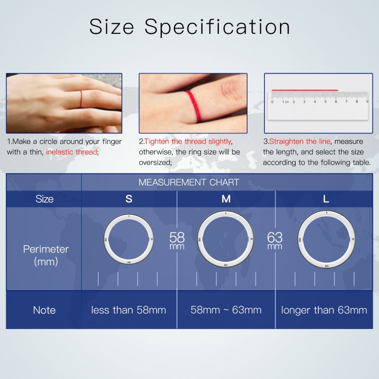 Ring size specification chart showing perimeter measurements for sizes S, M, and L