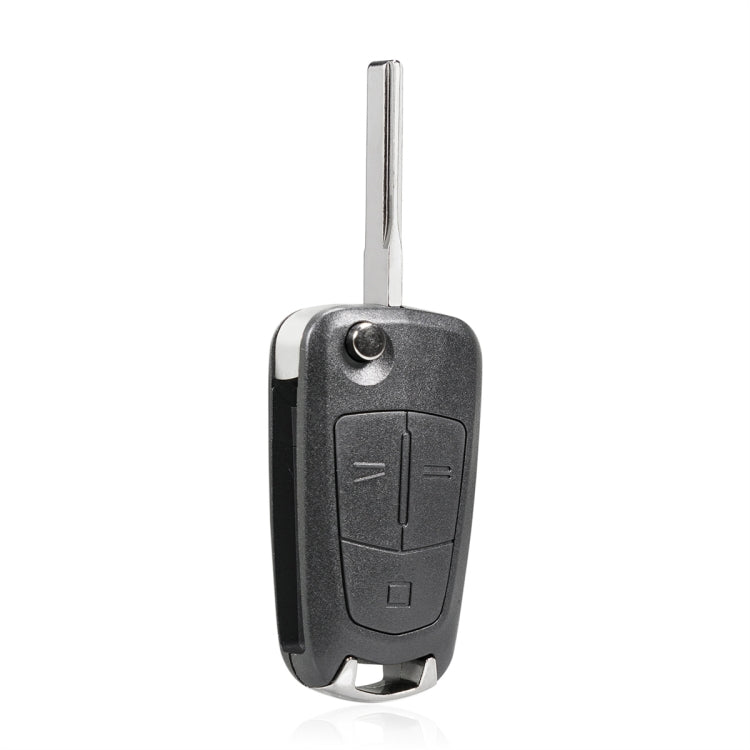 Foldable car key case shell with metal blade fully extended, dark gray button layout