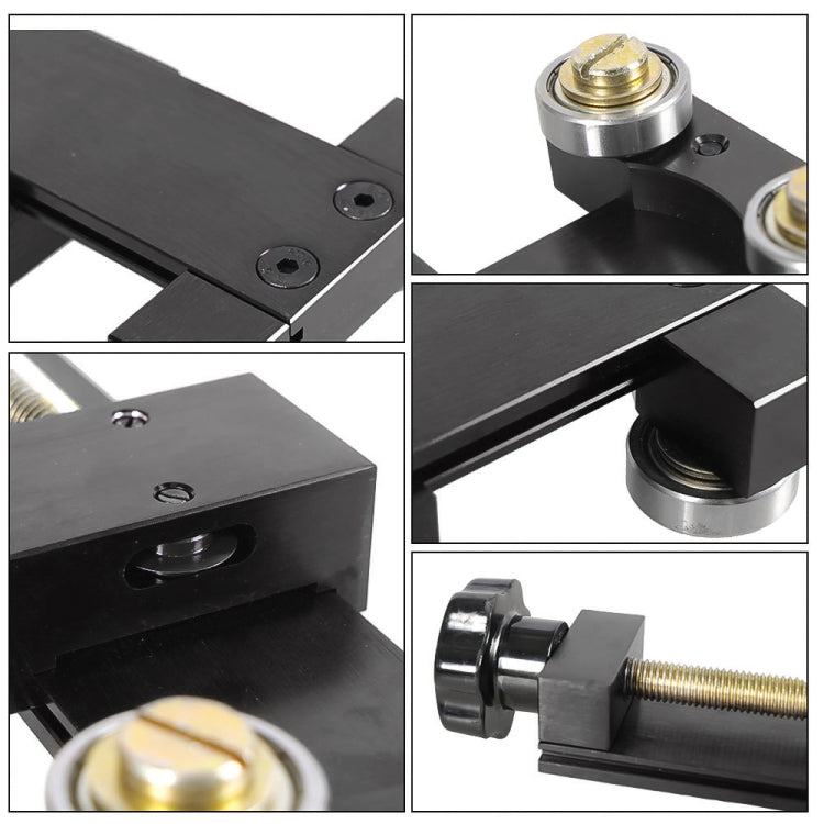 Black oil filter cutter tool close-up of clamp plate and threaded rod