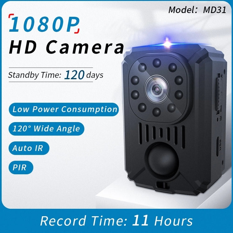 Mini HD camcorder with wide-angle lens, front IR array, and PIR motion sensor