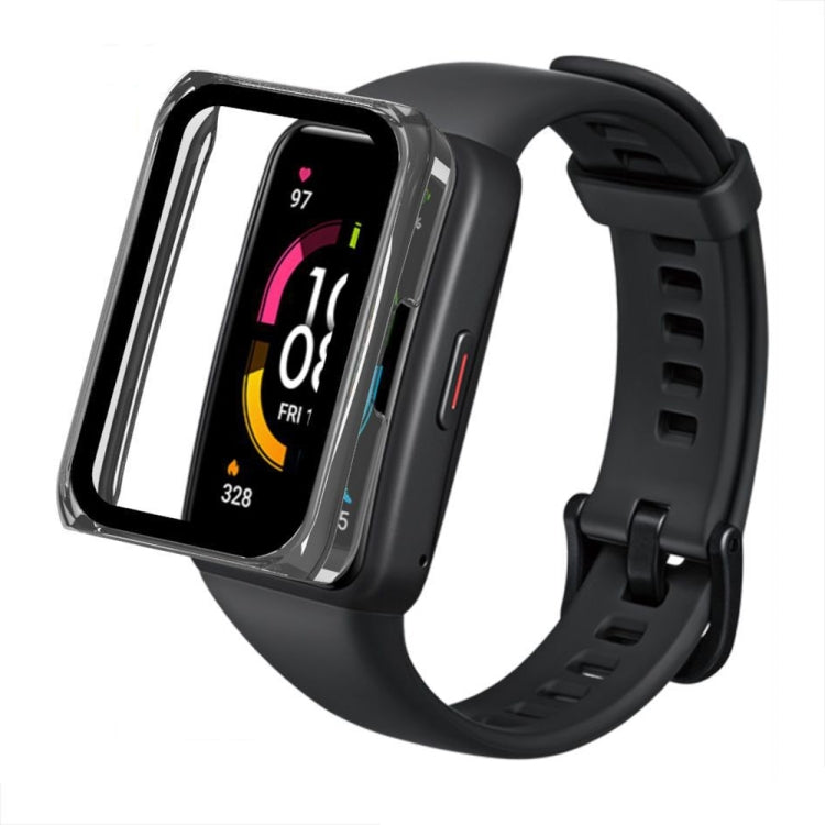 Black fully enclosed protective watch case on smartwatch band, clear display window