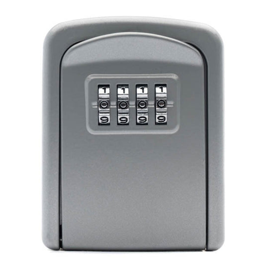 Silver key storage box with four-number combination dials on the front panel
