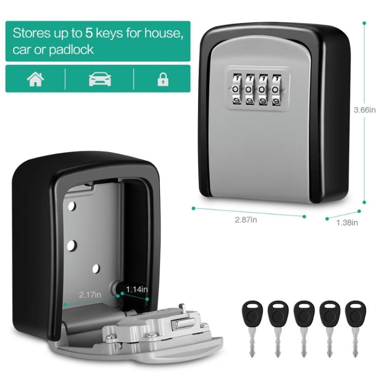 Black 4-digit key storage box with combination keypad and hinged door, aluminum alloy