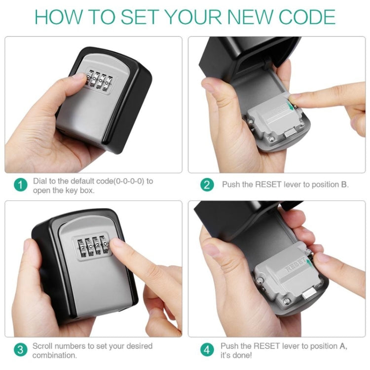Black wall key lockbox with 4-digit number dial and hinged cover, reset lever visible