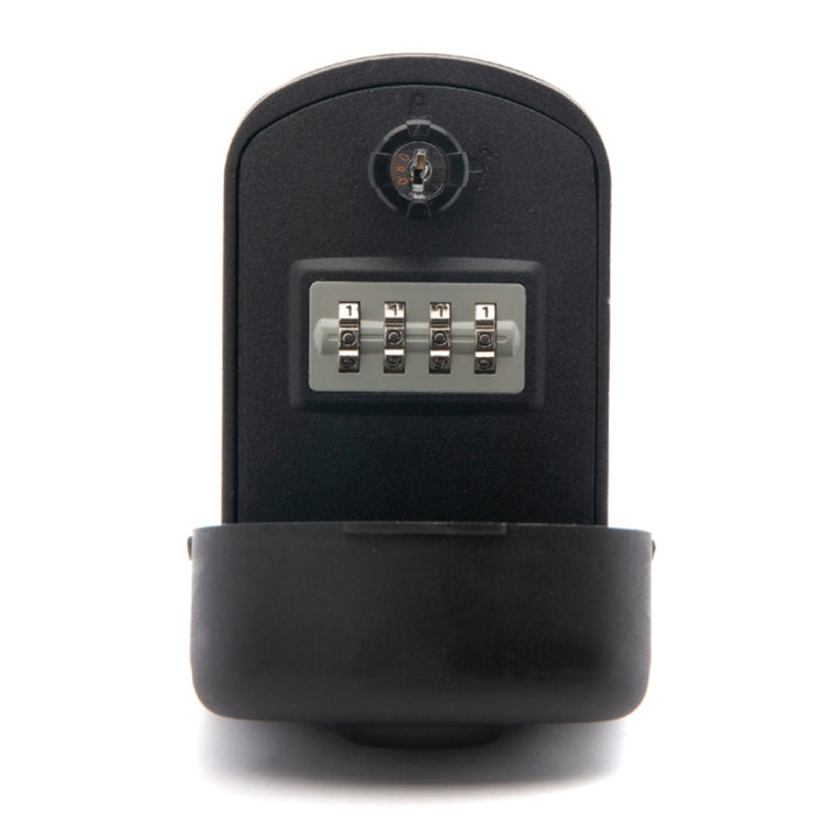 Black key storage box with circular lock dial and four-number code keypad under cover