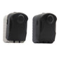 Pair of black key storage boxes, side view showing rounded cover and lock housing