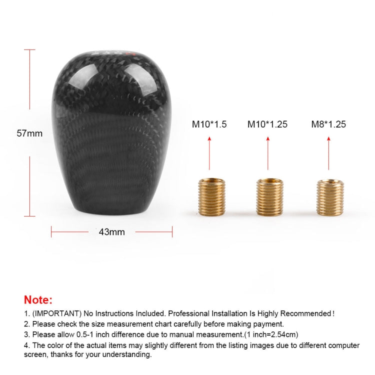 Black carbon fiber gear shift knob head with dimensions shown and thread options M10/M8