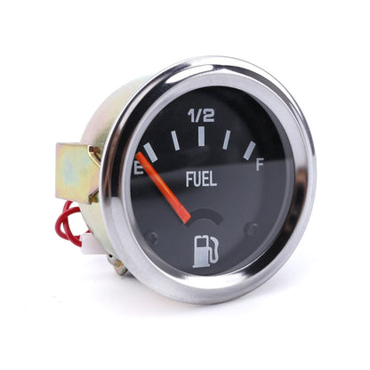 12V 52mm fuel gauge, chrome bezel, black face, orange needle, fuel level scale
