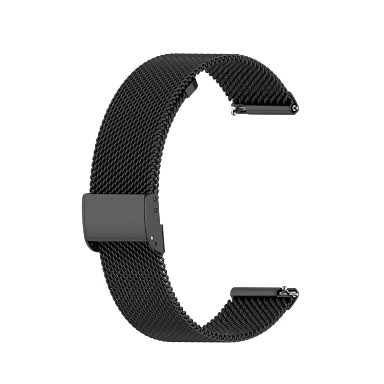 Black Milanese metal watch band with integrated buckle clasp, angled view.