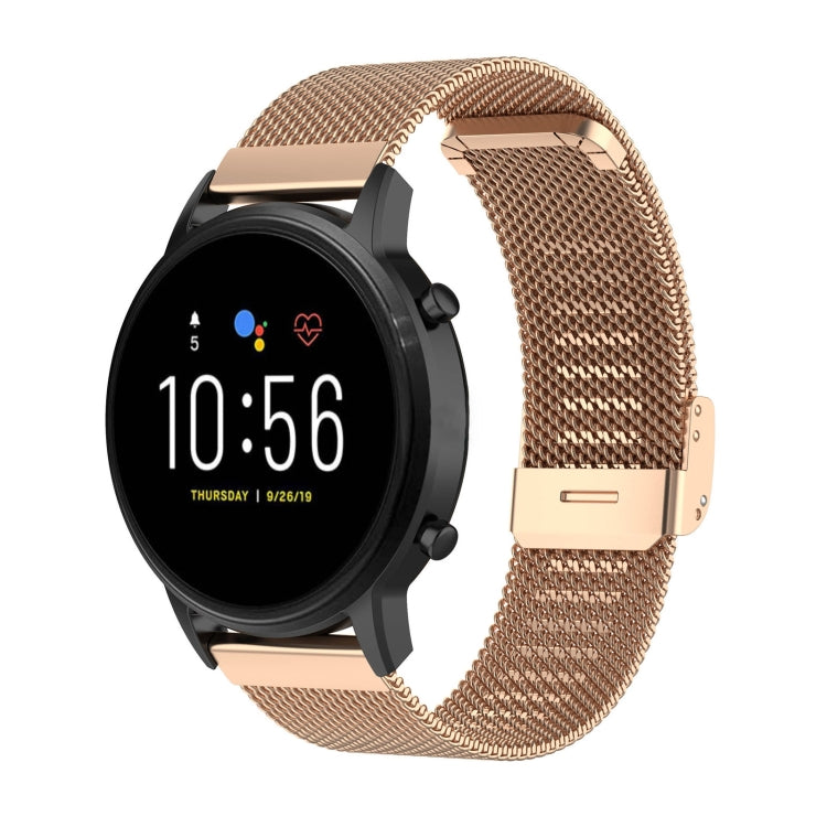 Rose gold Milanese metal watch band with integrated buckle, shown with round watch case.