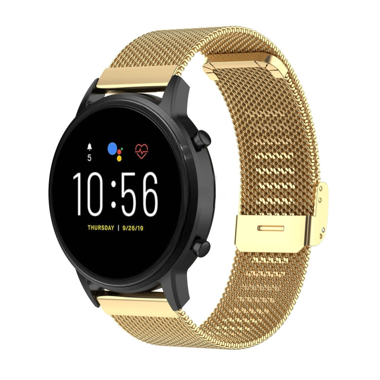 Gold Milanese metal watch band with integrated buckle, shown with round watch case.