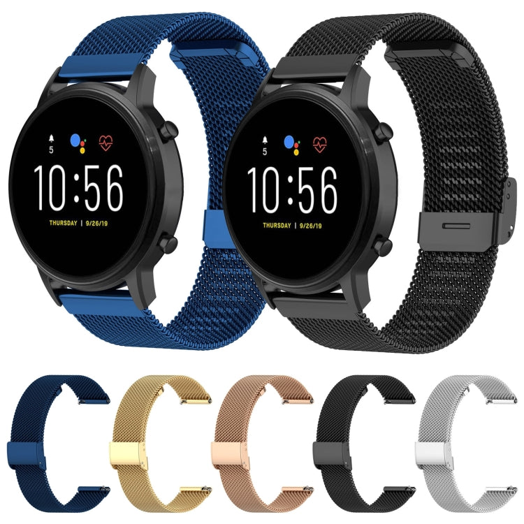 Color Milanese metal watch band set: blue, black, gray, gold, and rose gold buckles.