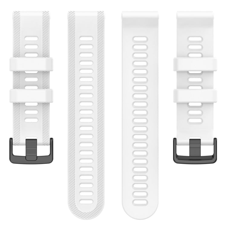 Silicone twill watch band, white strap with metal buckle and multiple fit angles shown.