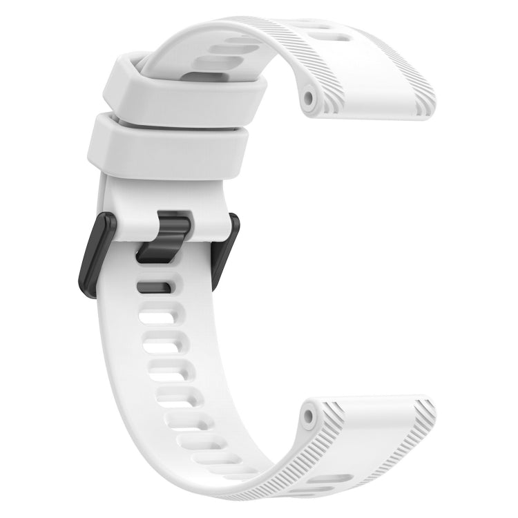 Silicone twill watch band, white strap with adjustable clasp and ribbed perforation holes.
